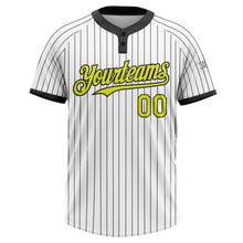 Load image into Gallery viewer, Custom White Black Pinstripe Neon Yellow Two-Button Unisex Softball Jersey
