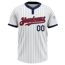 Laden Sie das Bild in den Galerie-Viewer, Custom White Navy Pinstripe Red Two-Button Unisex Softball Jersey
