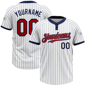 Custom White Navy Pinstripe Red Two-Button Unisex Softball Jersey