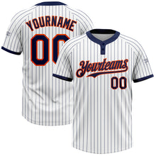 Загрузить изображение в средство просмотра галереи, Custom White Navy Pinstripe Orange Two-Button Unisex Softball Jersey
