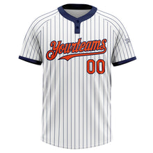 Laden Sie das Bild in den Galerie-Viewer, Custom White Navy Pinstripe Orange Two-Button Unisex Softball Jersey
