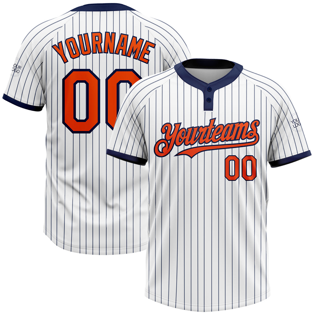 Custom White Navy Pinstripe Orange Two-Button Unisex Softball Jersey