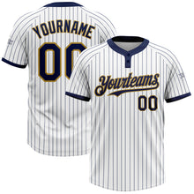 Загрузить изображение в средство просмотра галереи, Custom White Navy Pinstripe Old Gold Two-Button Unisex Softball Jersey
