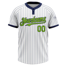 Laden Sie das Bild in den Galerie-Viewer, Custom White Navy Pinstripe Neon Green Two-Button Unisex Softball Jersey
