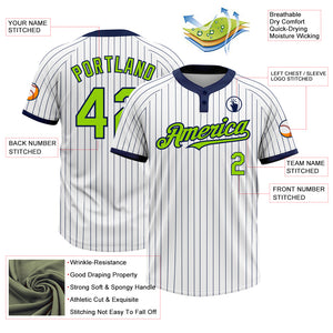 Custom White Navy Pinstripe Neon Green Two-Button Unisex Softball Jersey