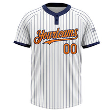 Laden Sie das Bild in den Galerie-Viewer, Custom White Navy Pinstripe Bay Orange Two-Button Unisex Softball Jersey
