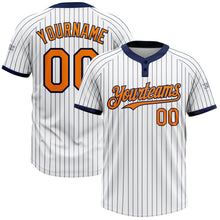 Laden Sie das Bild in den Galerie-Viewer, Custom White Navy Pinstripe Bay Orange Two-Button Unisex Softball Jersey
