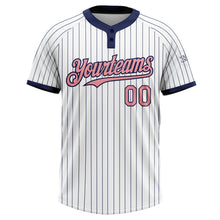 Laden Sie das Bild in den Galerie-Viewer, Custom White Navy Pinstripe Medium Pink Two-Button Unisex Softball Jersey
