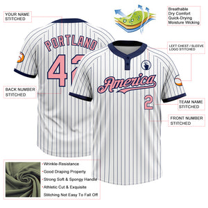 Custom White Navy Pinstripe Medium Pink Two-Button Unisex Softball Jersey