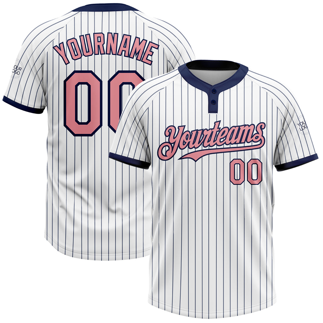 Custom White Navy Pinstripe Medium Pink Two-Button Unisex Softball Jersey