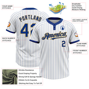 Custom White Royal Pinstripe Old Gold Two-Button Unisex Softball Jersey