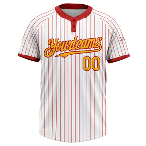 Custom White Red Pinstripe Gold Two-Button Unisex Softball Jersey