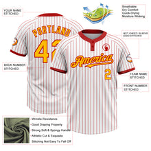 Load image into Gallery viewer, Custom White Red Pinstripe Gold Two-Button Unisex Softball Jersey
