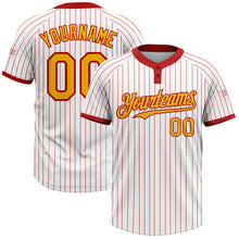 Load image into Gallery viewer, Custom White Red Pinstripe Gold Two-Button Unisex Softball Jersey
