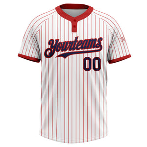 Custom White Red Pinstripe Navy Two-Button Unisex Softball Jersey