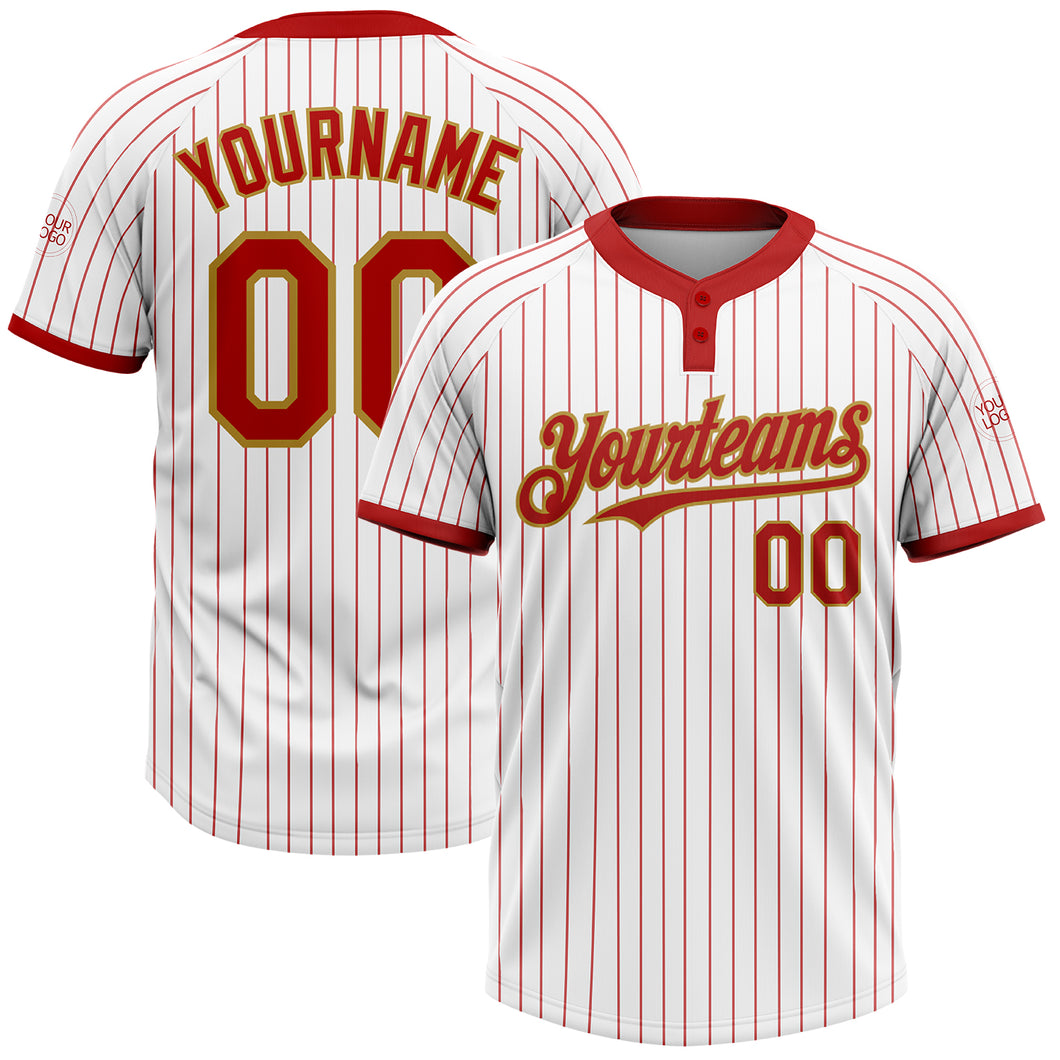 Custom White Red Pinstripe Old Gold Two-Button Unisex Softball Jersey