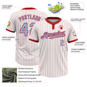 Custom White Red Pinstripe Light Blue Two-Button Unisex Softball Jersey