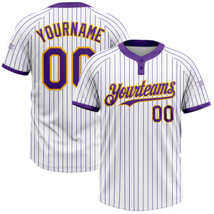 Custom White Purple Pinstripe Gold Two-Button Unisex Softball Jersey