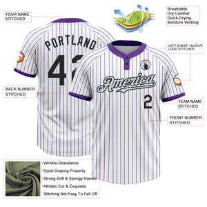 Custom White Purple Pinstripe Black-Silver Two-Button Unisex Softball Jersey