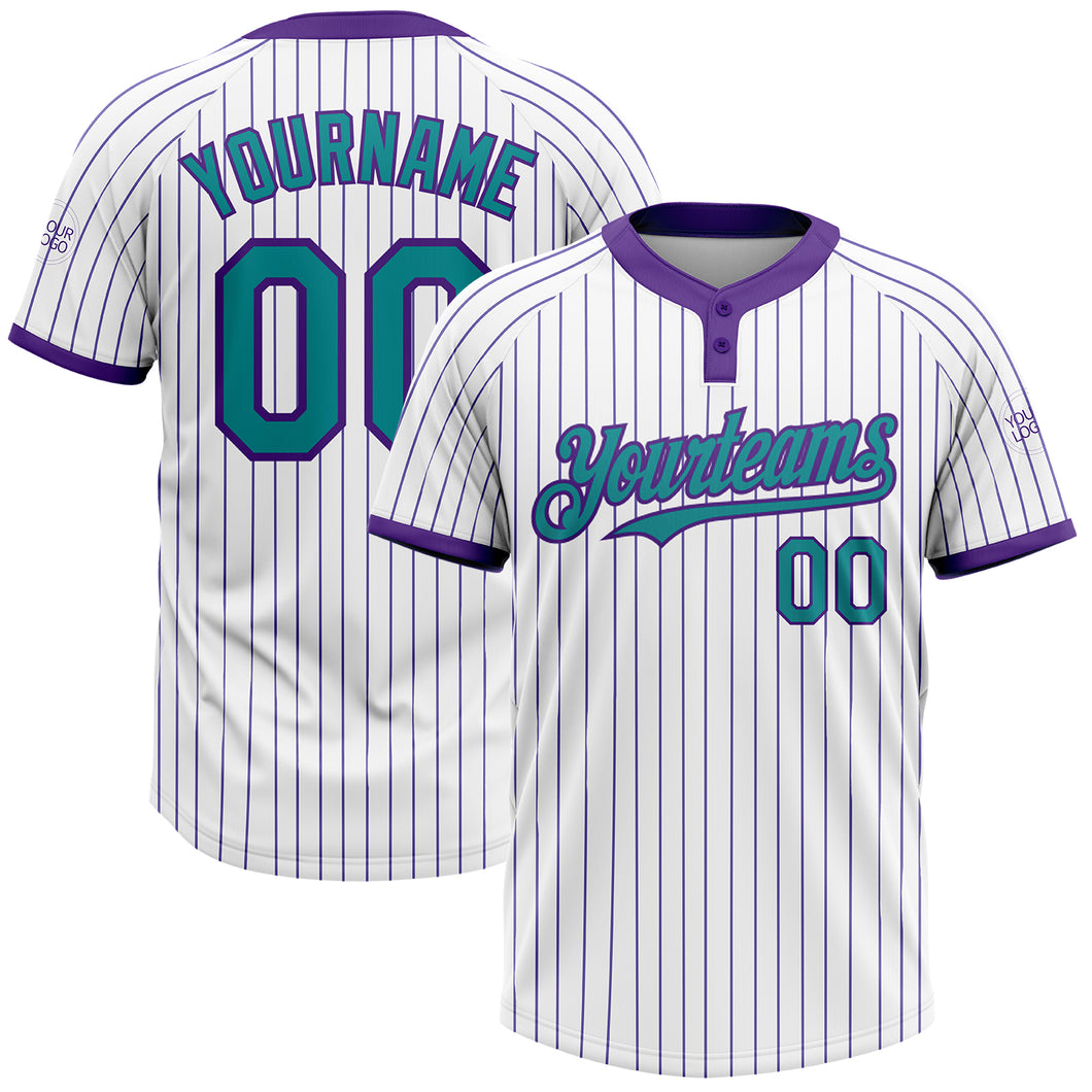 Custom White Purple Pinstripe Teal Two-Button Unisex Softball Jersey