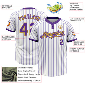 Custom White Purple Pinstripe Old Gold Two-Button Unisex Softball Jersey