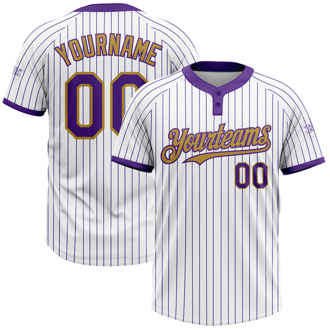 Custom White Purple Pinstripe Old Gold Two-Button Unisex Softball Jersey