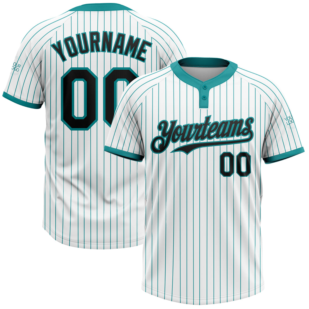 Custom White Teal Pinstripe Black Two-Button Unisex Softball Jersey