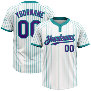 Custom White Teal Pinstripe Purple Two-Button Unisex Softball Jersey