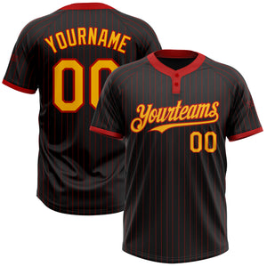 Custom Black Red Pinstripe Gold Two-Button Unisex Softball Jersey