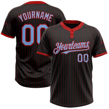 Load image into Gallery viewer, Custom Black Red Pinstripe Light Blue Two-Button Unisex Softball Jersey
