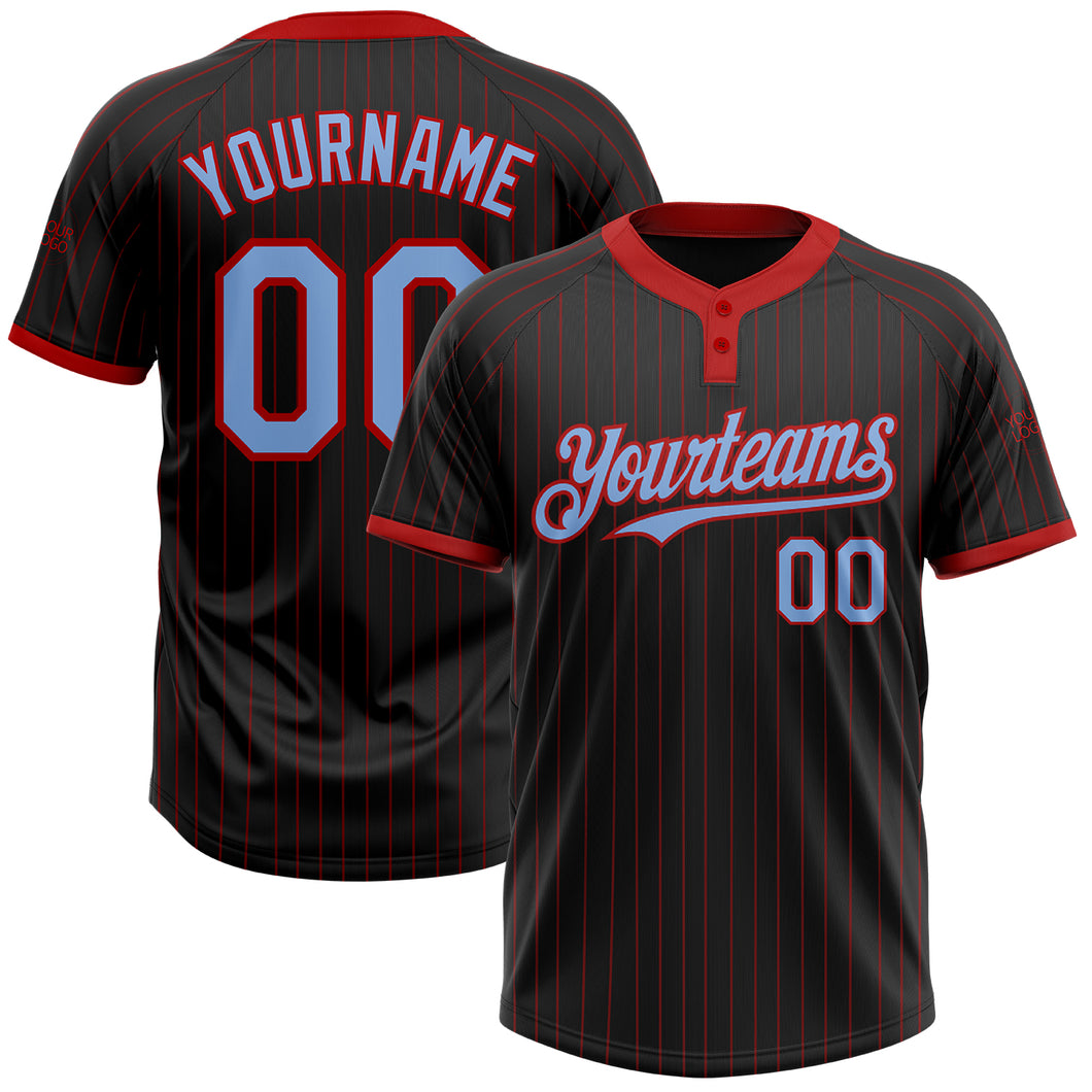 Custom Black Red Pinstripe Light Blue Two-Button Unisex Softball Jersey