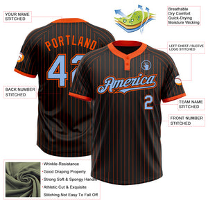 Custom Black Orange Pinstripe Light Blue Two-Button Unisex Softball Jersey