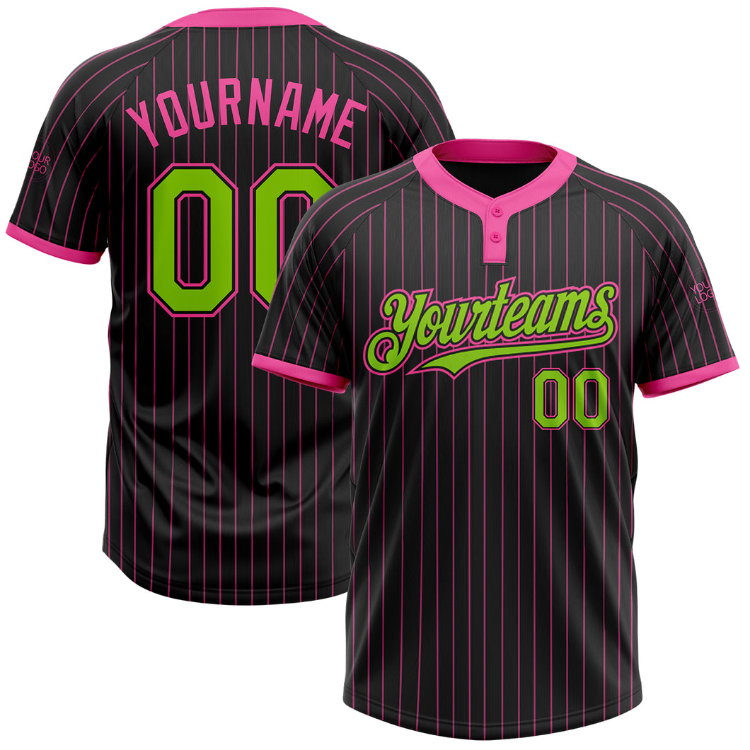 Custom Black Pink Pinstripe Neon Green Two-Button Unisex Softball Jersey