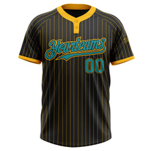 Laden Sie das Bild in den Galerie-Viewer, Custom Black Gold Pinstripe Teal Two-Button Unisex Softball Jersey
