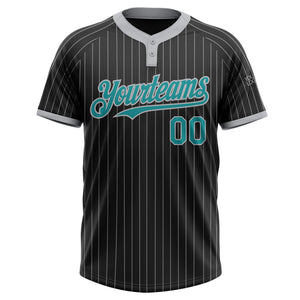 Custom Black Gray Pinstripe Teal Two-Button Unisex Softball Jersey