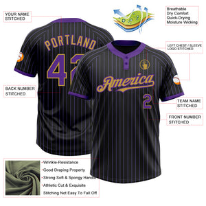 Custom Black Purple Pinstripe Old Gold Two-Button Unisex Softball Jersey