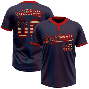 Custom Navy Red Pinstripe Vintage USA Flag Two-Button Unisex Softball Jersey