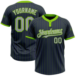 Custom Navy Neon Green Pinstripe Gray Two-Button Unisex Softball Jersey