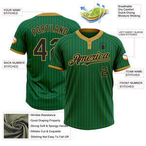 Custom Kelly Green Old Gold Pinstripe Black Two-Button Unisex Softball Jersey