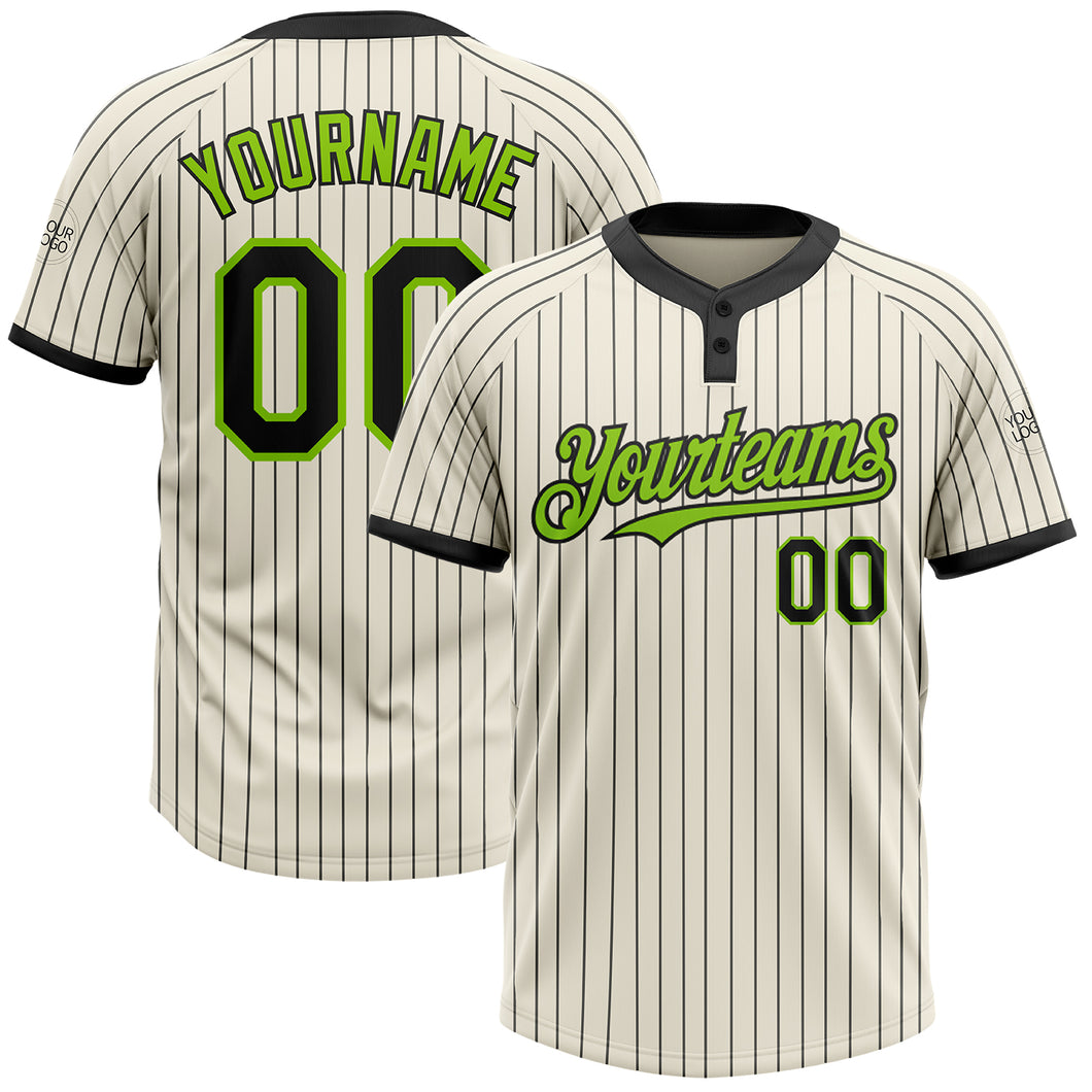 Custom Cream Black Pinstripe Neon Green Two-Button Unisex Softball Jersey