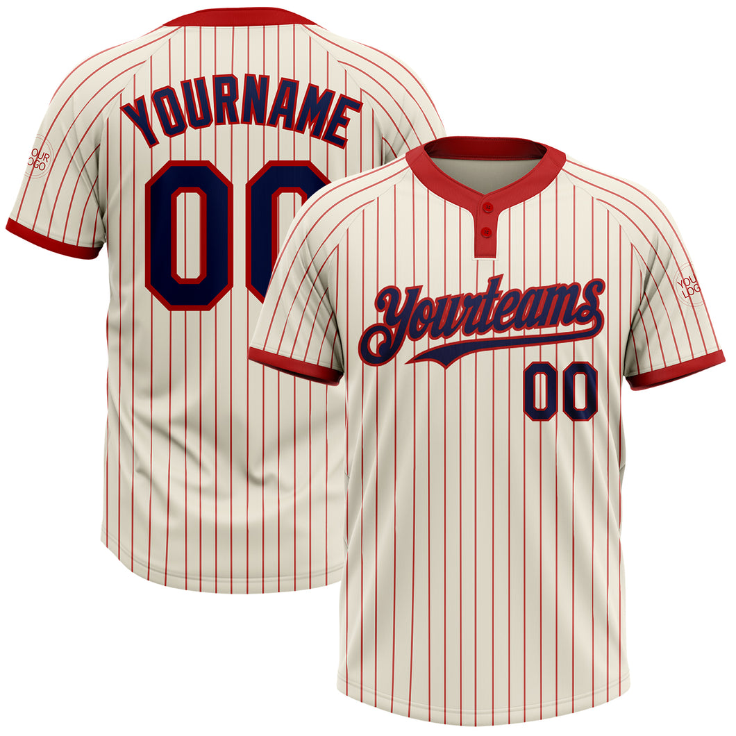 Custom Cream Red Pinstripe Navy Two-Button Unisex Softball Jersey