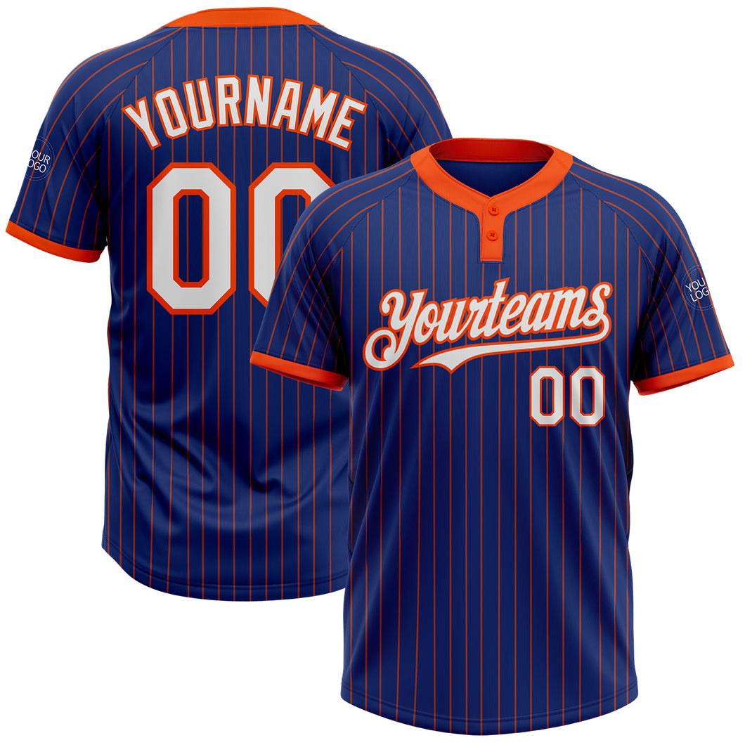 Custom Royal Orange Pinstripe White Two-Button Unisex Softball Jersey