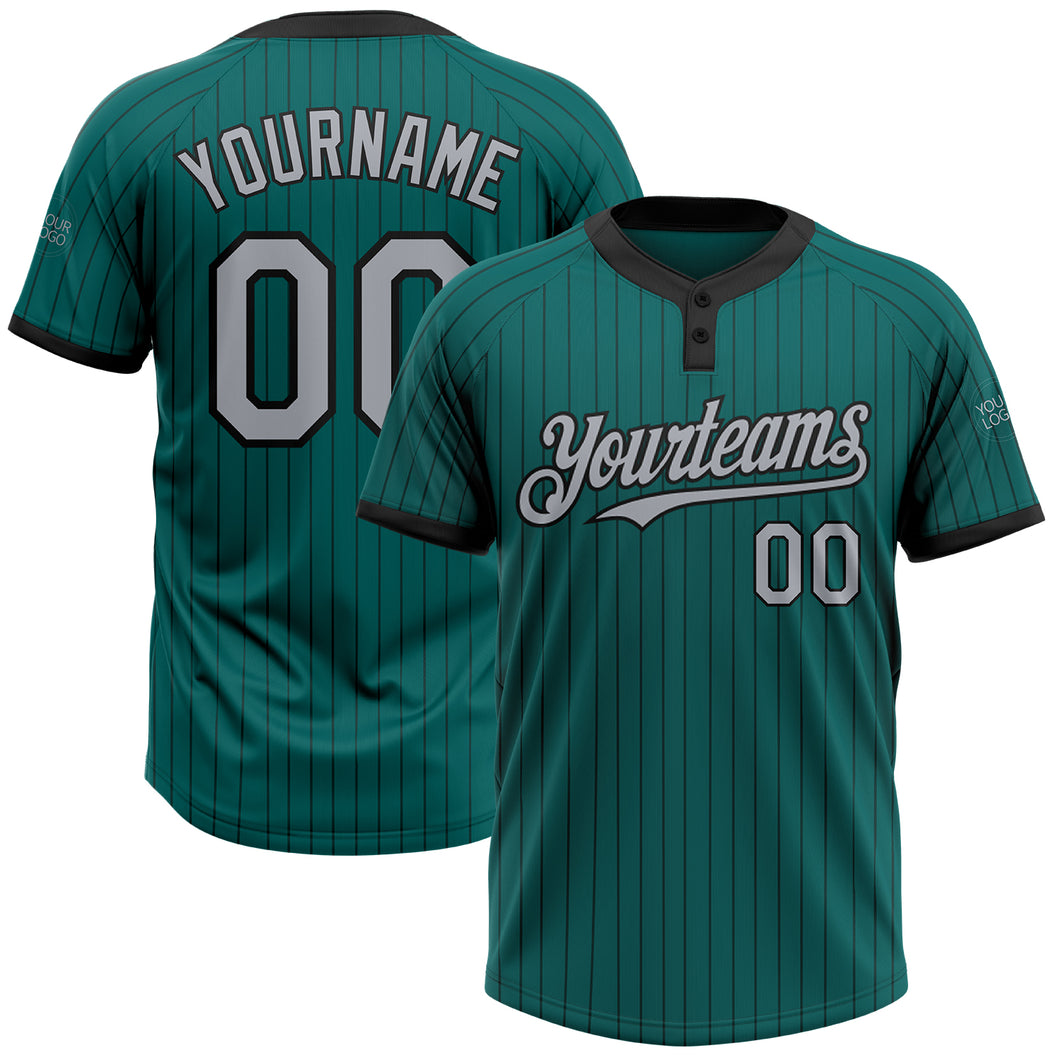 Custom Teal Black Pinstripe Gray Two-Button Unisex Softball Jersey