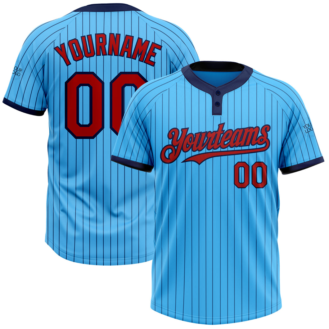 Custom Sky Blue Navy Pinstripe Red Two-Button Unisex Softball Jersey