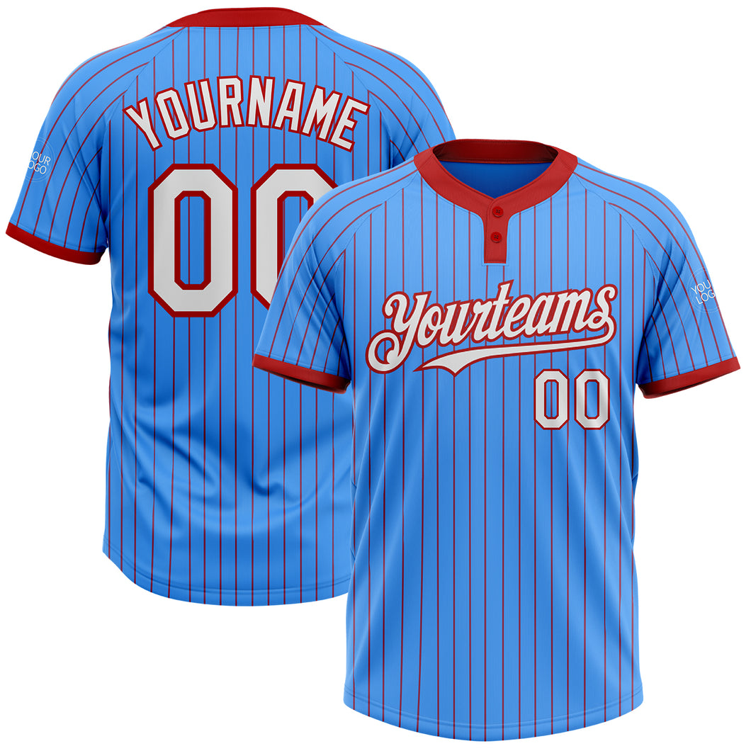 Custom Electric Blue Red Pinstripe White Two-Button Unisex Softball Jersey