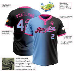 Custom Black Light Blue-Pink Gradient Fashion Two-Button Unisex Softball Jersey