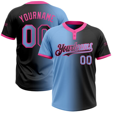 Custom Black Light Blue-Pink Gradient Fashion Two-Button Unisex Softball Jersey