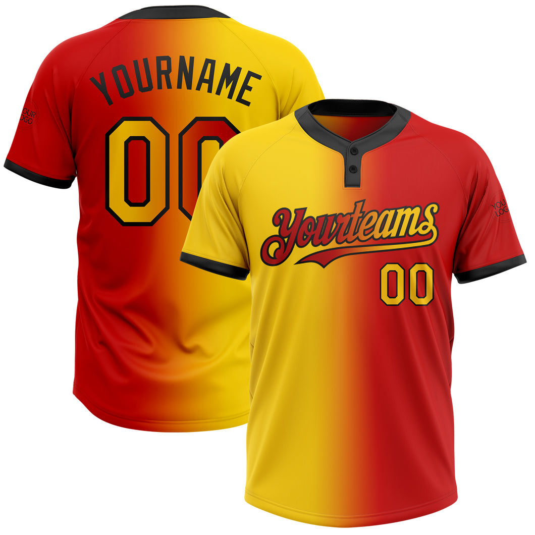 Custom Red Yellow-Black Gradient Fashion Two-Button Unisex Softball Jersey