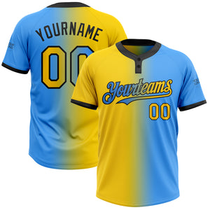 Custom Electric Blue Yellow-Black Gradient Fashion Two-Button Unisex Softball Jersey