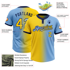 Custom Light Blue Yellow-Navy Gradient Fashion Two-Button Unisex Softball Jersey